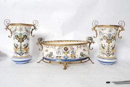 A 19th century Gien Faience garniture. Comprising large bowl raised on gilt ormulo metal surround