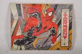 An unusual hand painted Spiderman painting on wooden panel