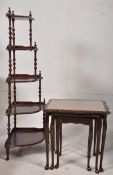 A Victorian style mahogany whatnot together with a mahogany and leather antique style nest of