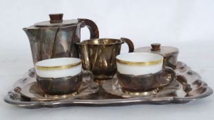 A Czechoslovakian Epiag Royal porcelain and silver plate two person tea set comprising tray, cups,