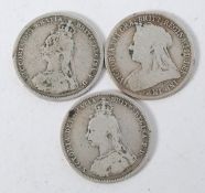 Coins GB. Victoria shillings. Jubilee Bust 1887, Jubilee Bust 1888 & Old Veil Bust 1901