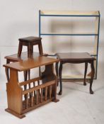 A painted two tone open window bookcase,2 leather and mahogany side tables, oak magazine racj and
