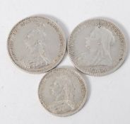 Coins GB . Victoria Shilling1887 (crown and garter verso) Victoria Shilling (old Veil) 1898 and a