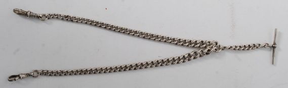 A hallmarked silver albert twin / double pocket watch chain and bar