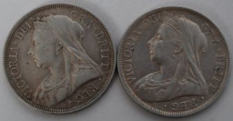 Great Britain - Victoria, 2 x Half Crown - 1893 & 1900,  veiled bust, crowned shield on reverse. GVF