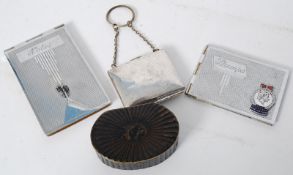 A Victorian papier mache snuff box, silver plated penny purse, silver plate stamp holder and a