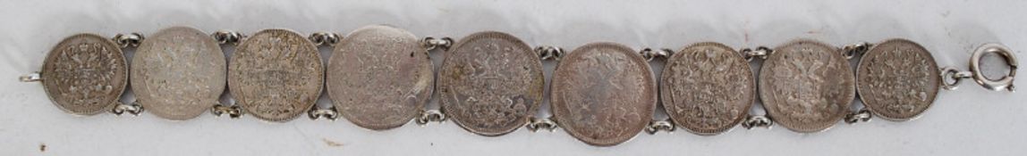 A good early 20th century silver ( tested) Russian coin bracelet. The coins circa  1908 having