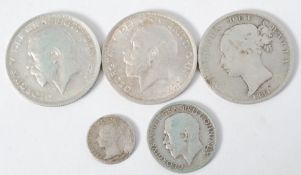 Coins GB. Victoria Half Crown 1884 together with a Victoria (young bust) Four Pence 1844. Two George