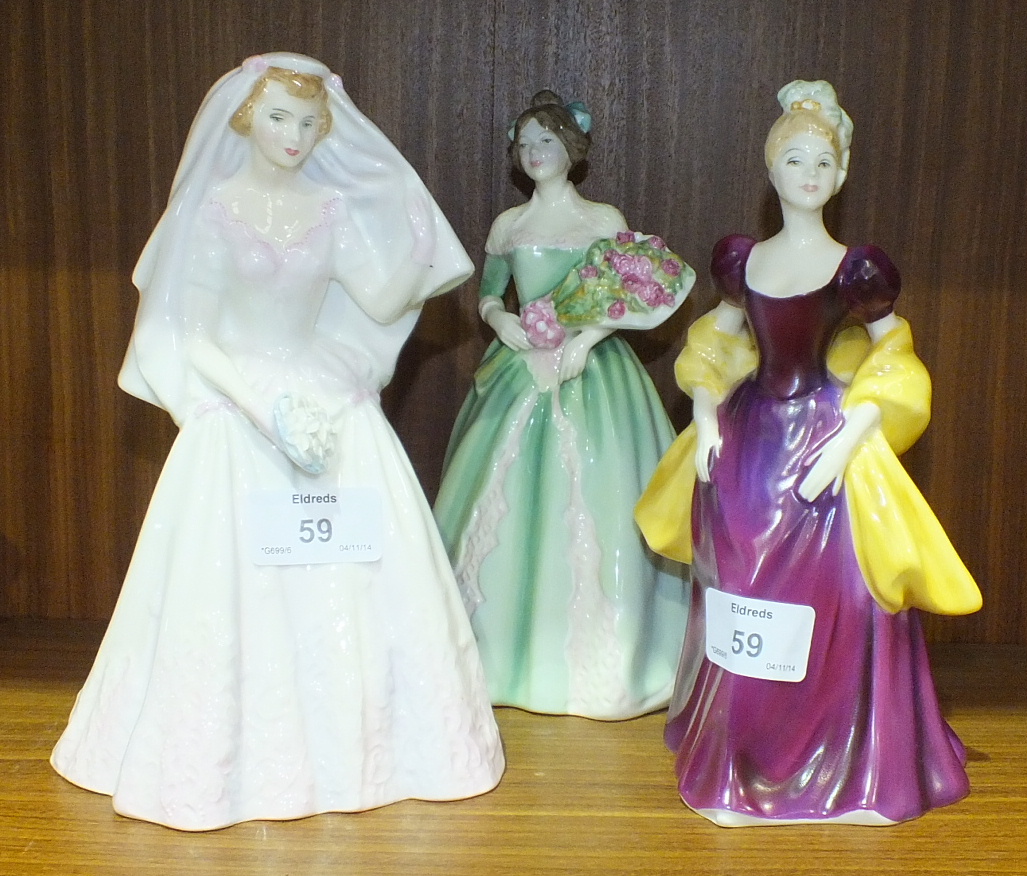 Three Royal Doulton figures, `The Bride` HN2166, `Happy Birthday` HN3660 and `Loretta` HN2337, (3).