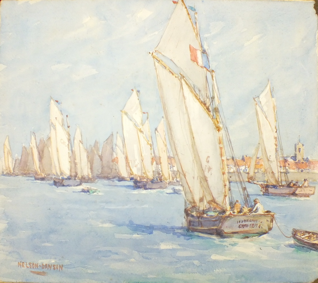 Nelson Dawson FRENCH FISHING FLEET Signed watercolour, 34.5 x 40cm and another PROBABLY BEACHY