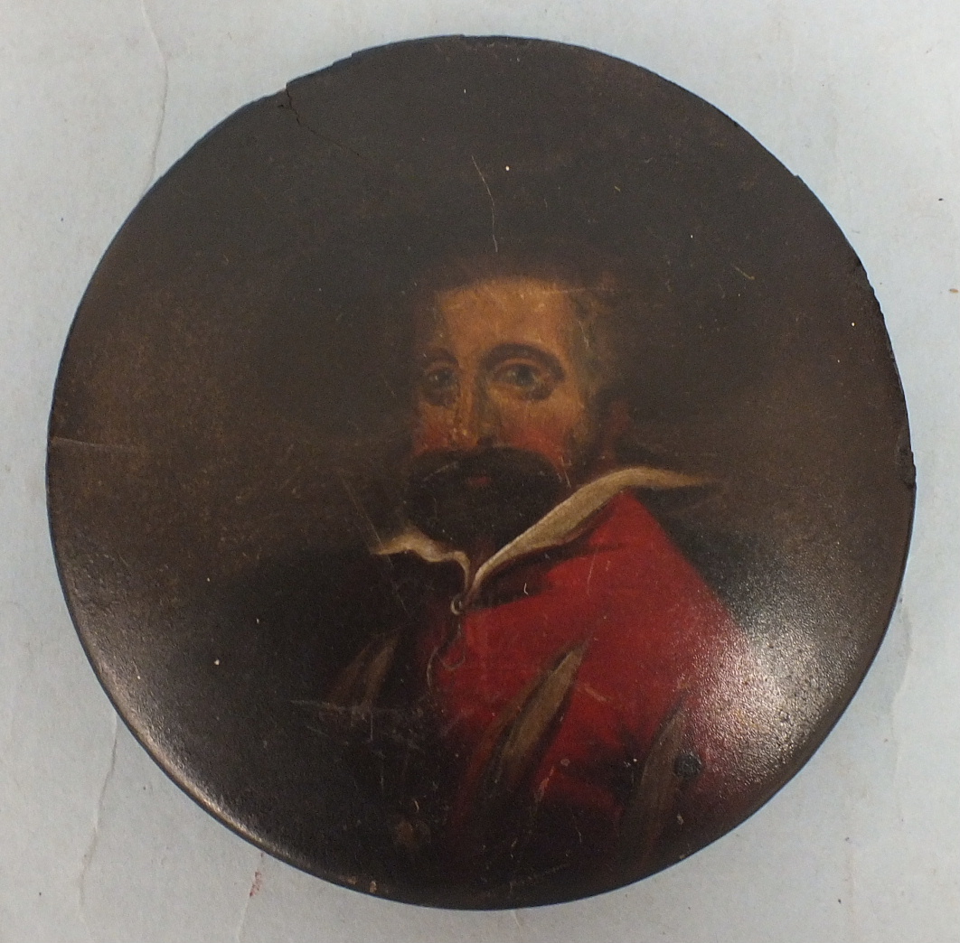 A 19th century papier-mâché circular snuff box, the lid painted with a portrait of a 17th century