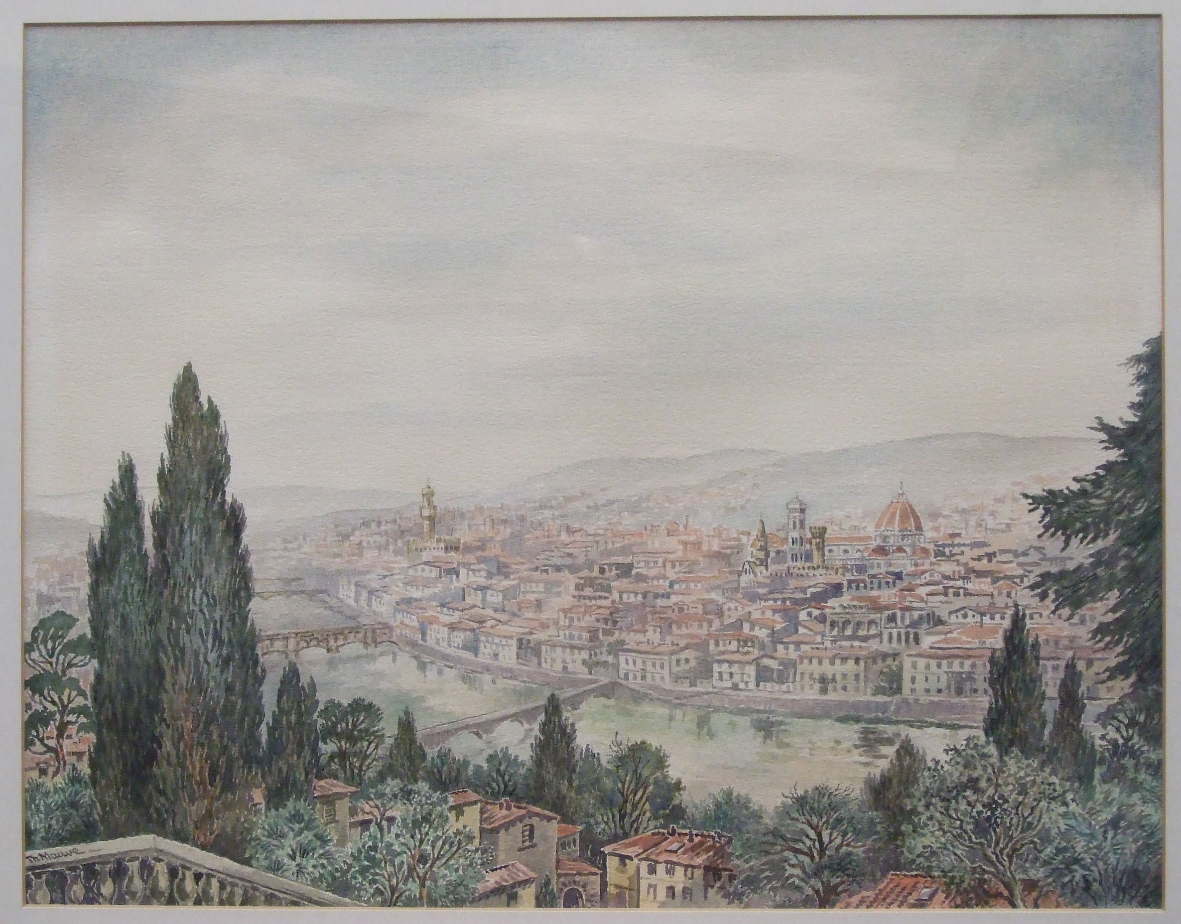 Thijs Mauve (1915-1996) TAORMINA, VIEW OF ETNA Signed watercolour, 38 x 48cm, also FLORENCE FROM