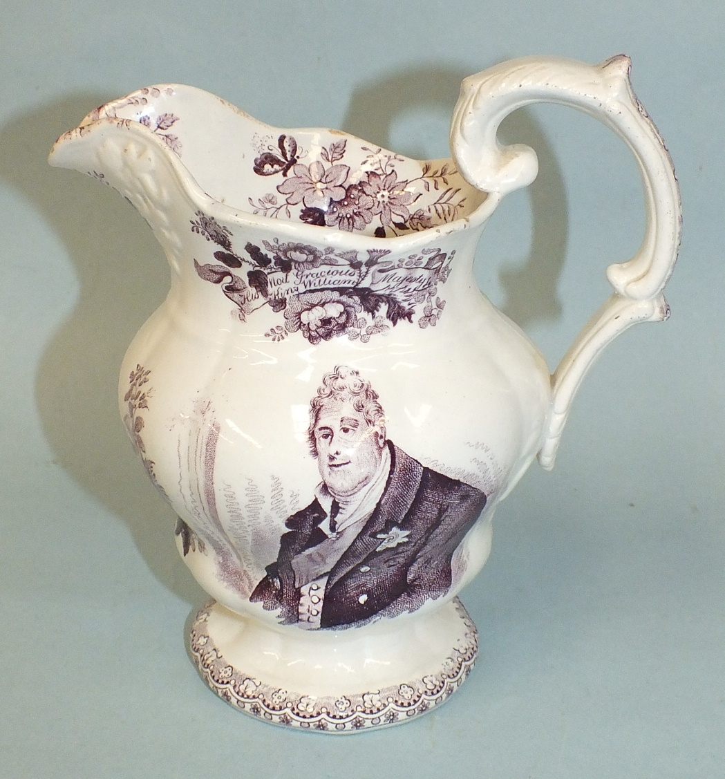 A rare early-19th century Staffordshire pottery royal commemorative jug printed in purple with