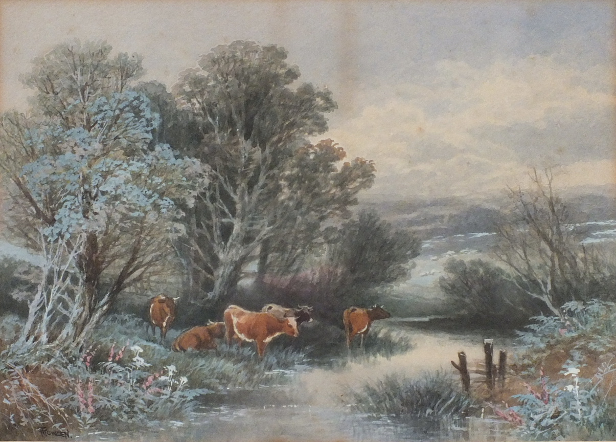 A? Shelly FOWL SCRATCHING ON BANK OF RIVER WITH A VILLAGE IN THE DISTANCE Signed watercolour, dated