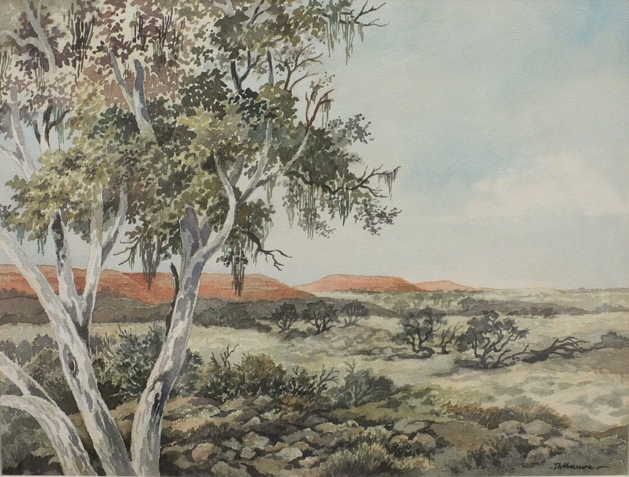 Thijs Mauve (1915-1996) THE OUTBACK Signed watercolour, 35 x 46cm, DRY RIVER BED AND GUM TREES,