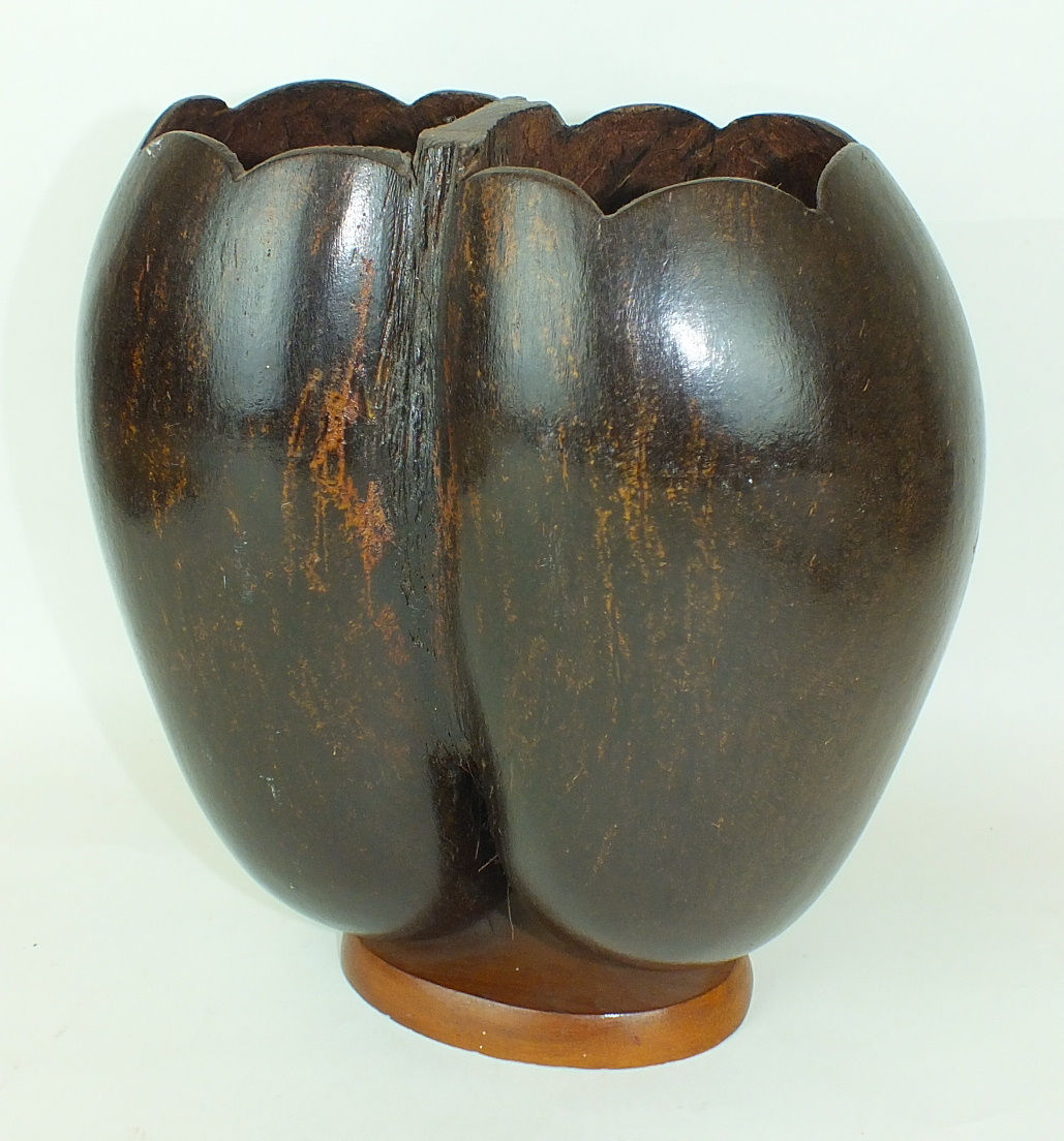 A coco de mer fruit mounted on an oval wood base, 29cm high.