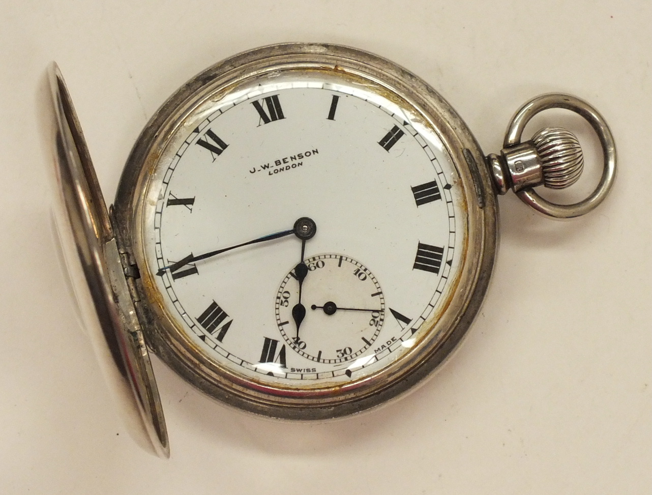 J W Benson, a gentleman`s silver-cased half-hunter keyless pocket watch, the plain case with