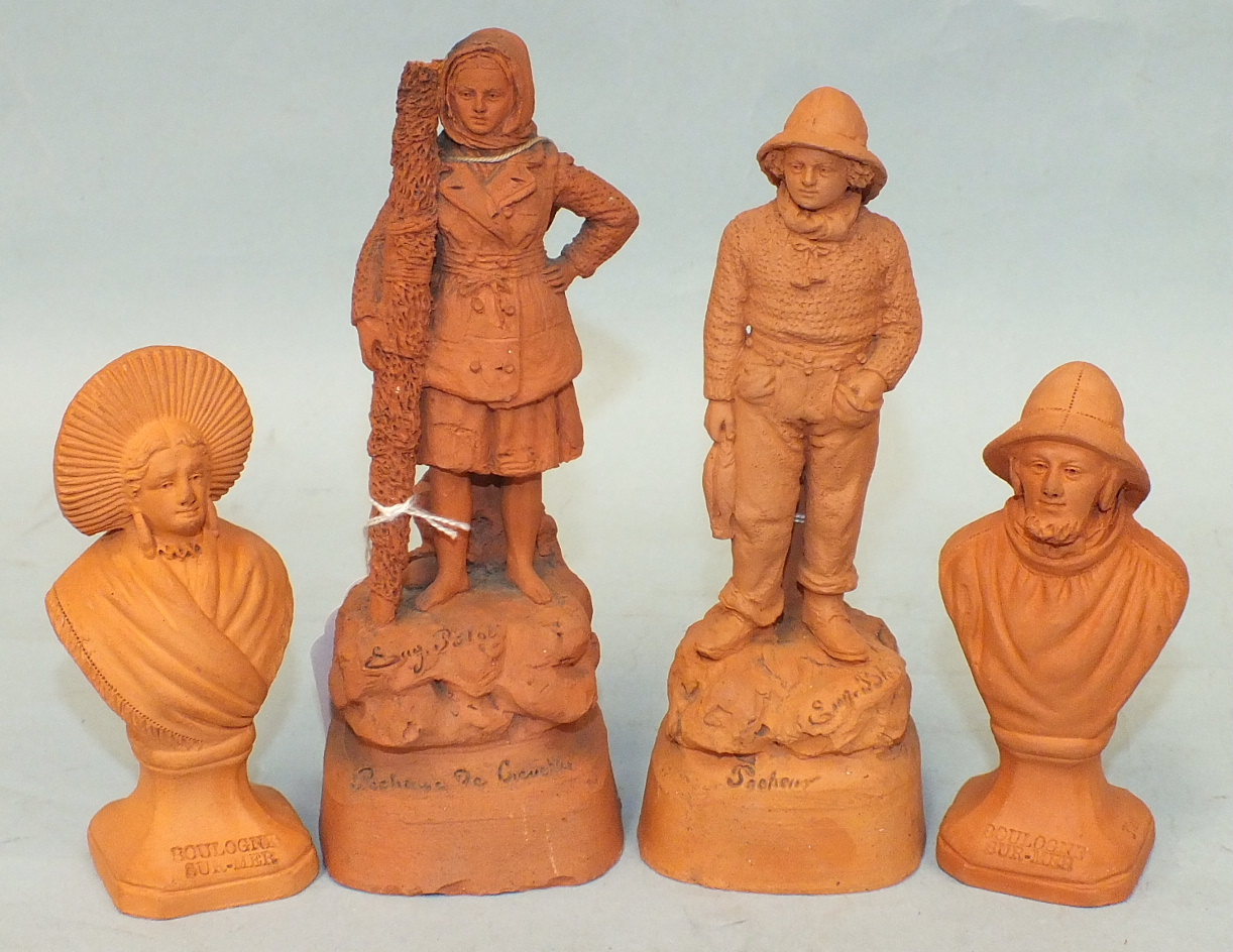 Eugene Blot, a collection of four small terracotta figures, `Pecheur`, 16cm, `Pecheuse De
