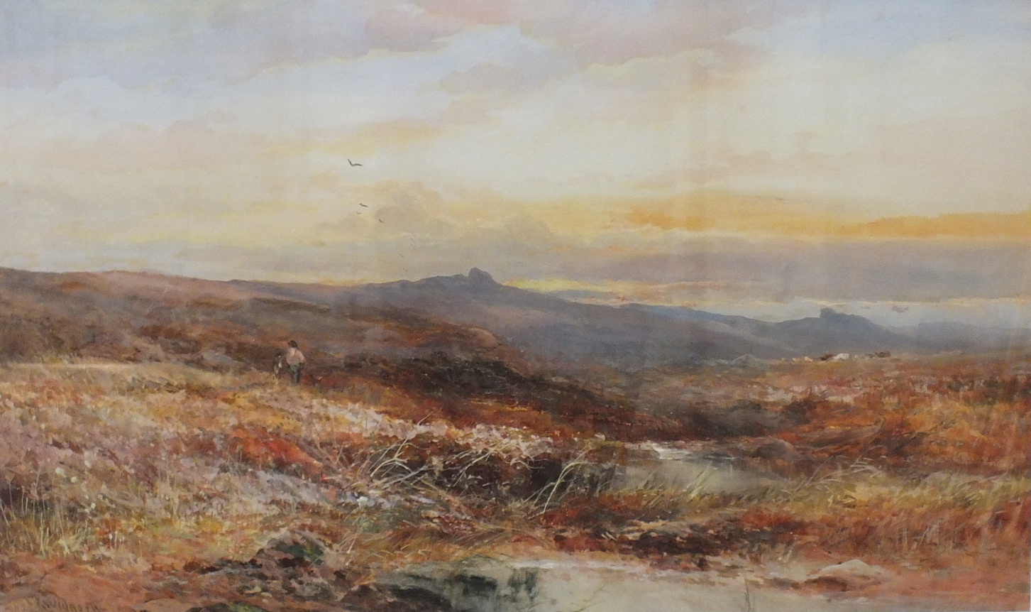 William Widgery (1822-1893) A DARTMOOR SUNSET WITH CATTLE IN THE DISTANCE Signed watercolour, 42 x