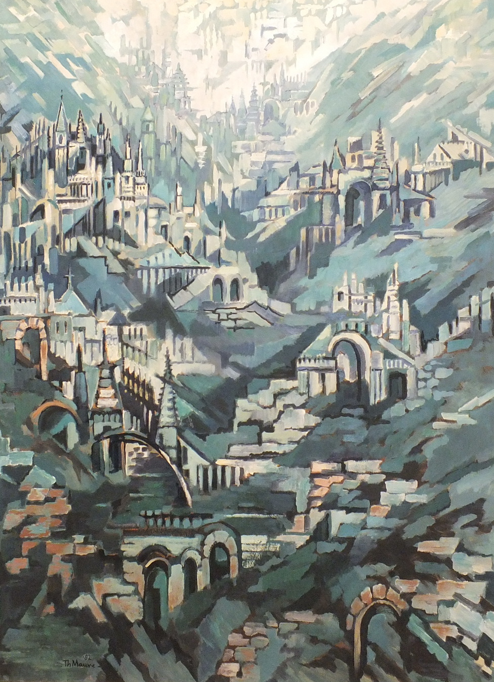Thijs Mauve (1915-1996) CITY IN THE RAVINE Signed oil on board, dated `82, 80 x 110cm. This lot is