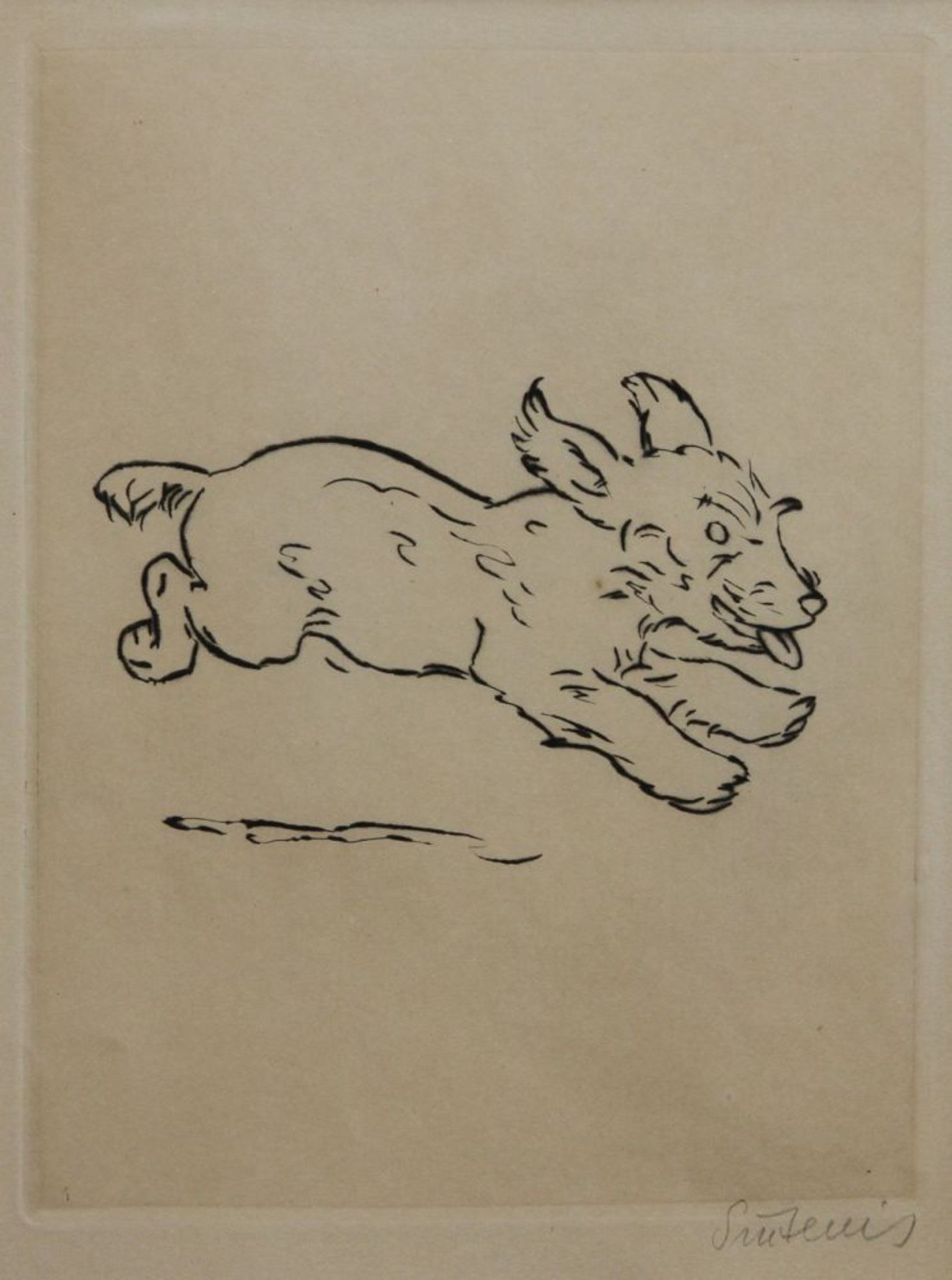 SINTENIS, RENÉE (1888 - 1965): Rennender Hund. Radierung, sign, ca. 22 x 17, gerahmt, gebräunt.
