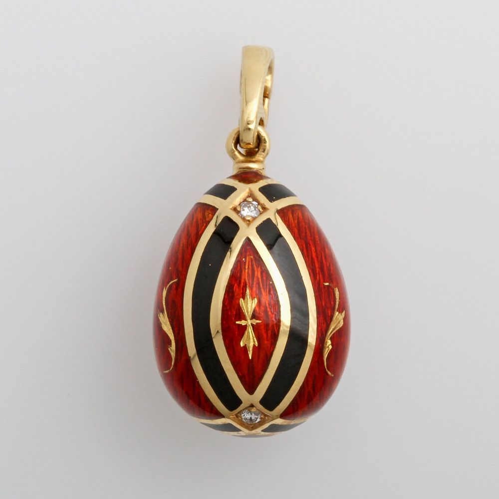 FABERGÉ by Victor Mayer, Clip-Anhänger, rot/schwarz emailliert, bes. m. zwei kleinen Diamanten