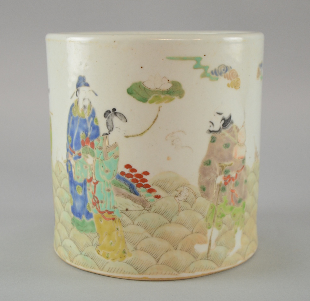 19th century Chinese porcelain brush pot decorated with figures,   6¼in. (15cm)Decoration and