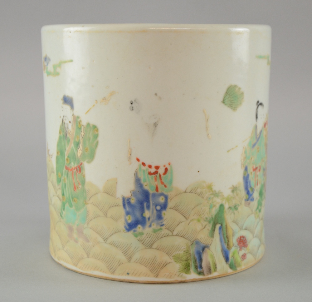 19th century Chinese porcelain brush pot decorated with figures,   6¼in. (15cm)Decoration and - Image 2 of 4