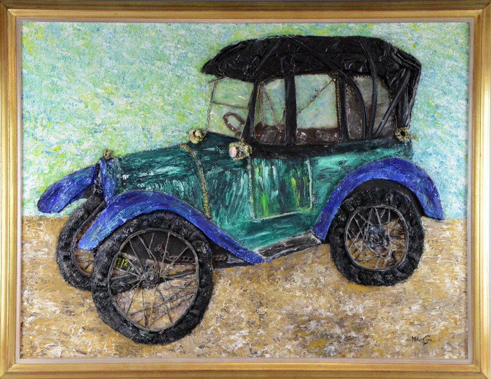 Mary Carlsson , `1923 Austin Seven Chummy` mixed media on board, signed, titled verso, framed