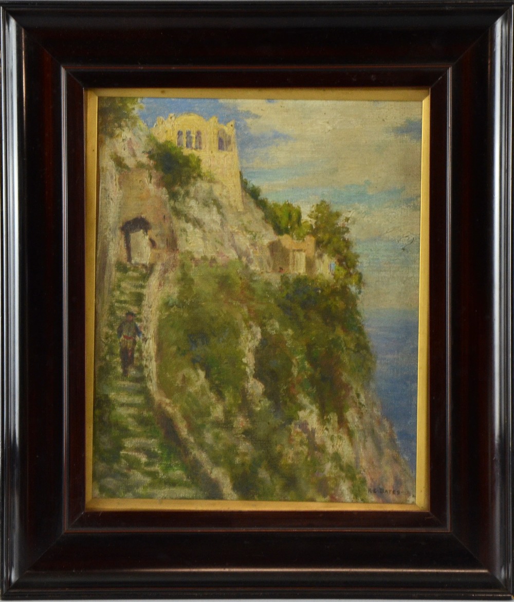R E Bates, oil on canvas, San Michele, Capri with figures on a path, signed lower right, framed - Image 2 of 2