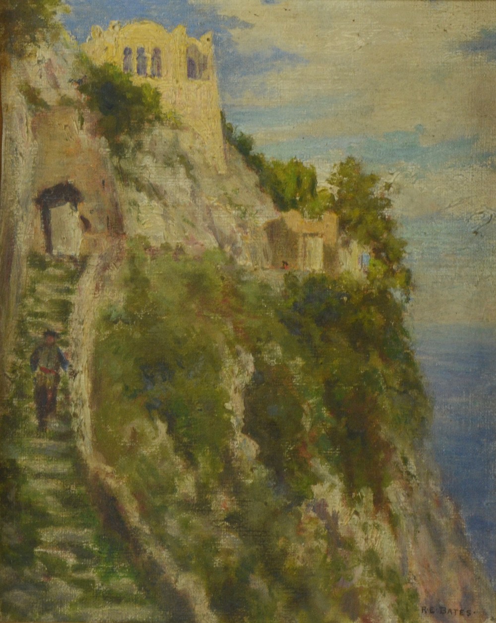 R E Bates, oil on canvas, San Michele, Capri with figures on a path, signed lower right, framed