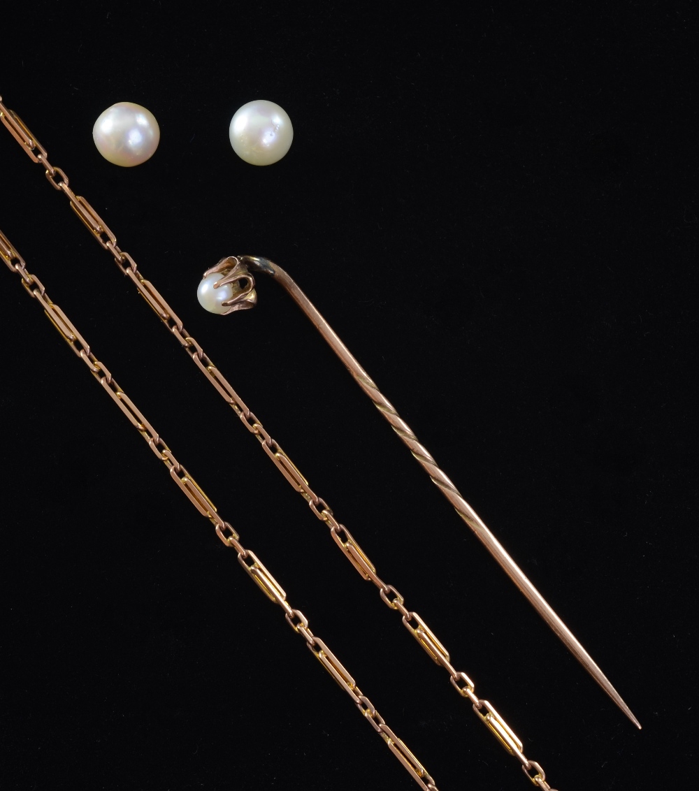 Victorian rose gold bar link chain, similar stickpin with pearl and a pair of pearl stud earrings,