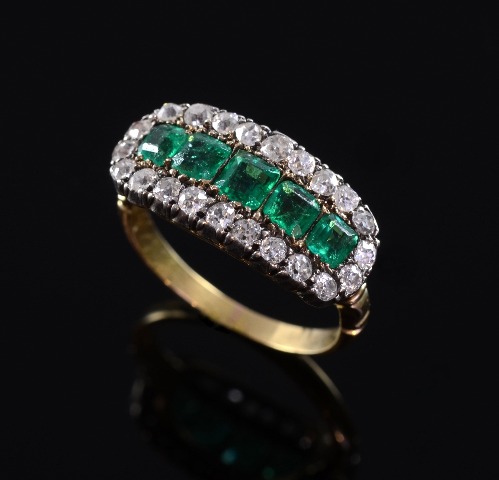 Edwardian diamond and emerald five stone ring emeralds square cut , each measuring 3.5 mm , within a