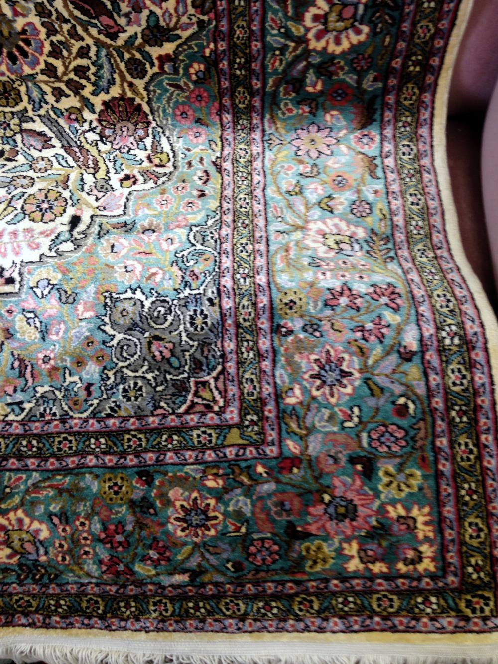 Silk Kashmir cream ground rug with a main green border centre decorated with foliate forms 72 x - Image 7 of 11