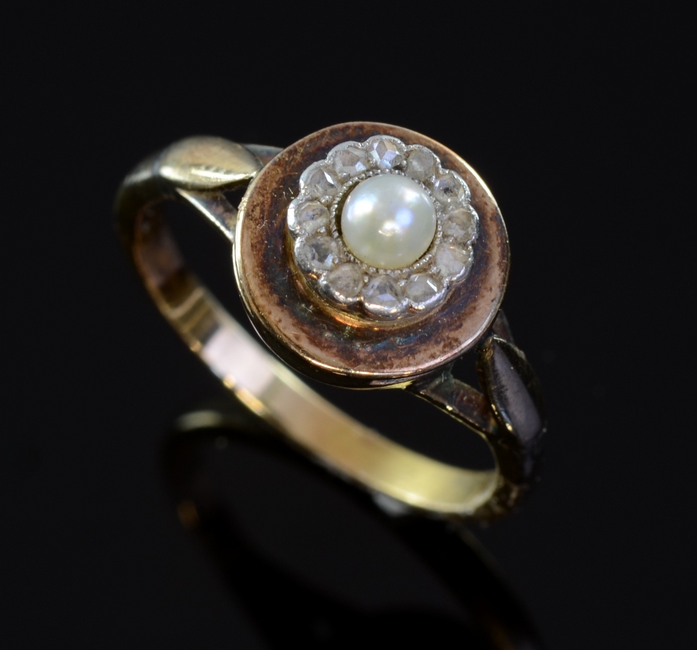 Edwardian pearl and rose cut diamond ring unmarked testing as 15ct goldGood condition , possible