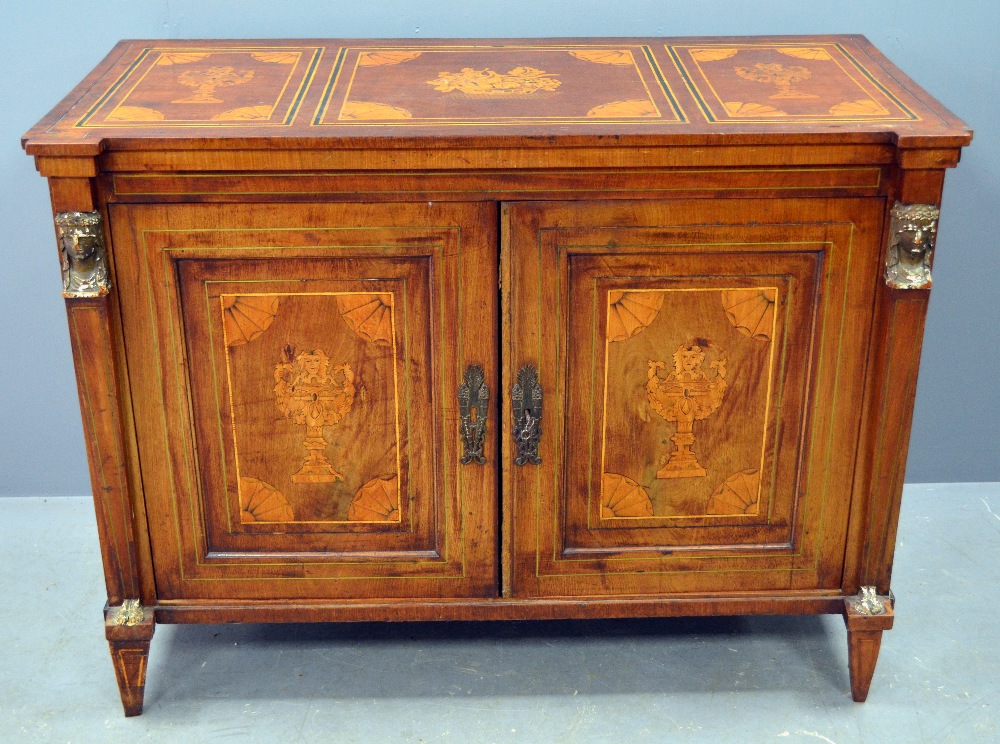 19th century mahogany and marquetry inlaid Dutch sideboard decorated with vases and flowers two