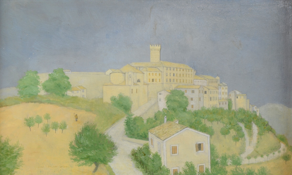 § Christopher Hall, born 1930 - `View of Offagna, Le Marche, Italy`, oil on board, signed and