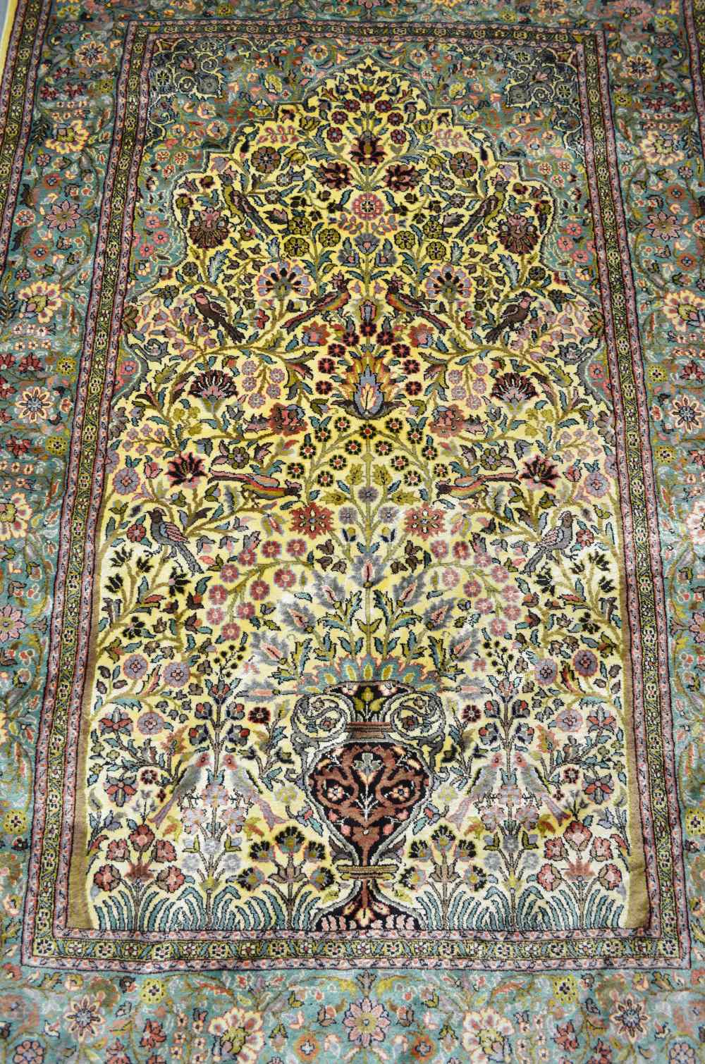 Silk Kashmir cream ground rug with a main green border centre decorated with foliate forms 72 x - Image 2 of 11