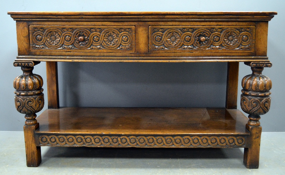 REVISED ESTIMATE 18th century style oak sideboard of two drawers on bulbous supports to undertier 33