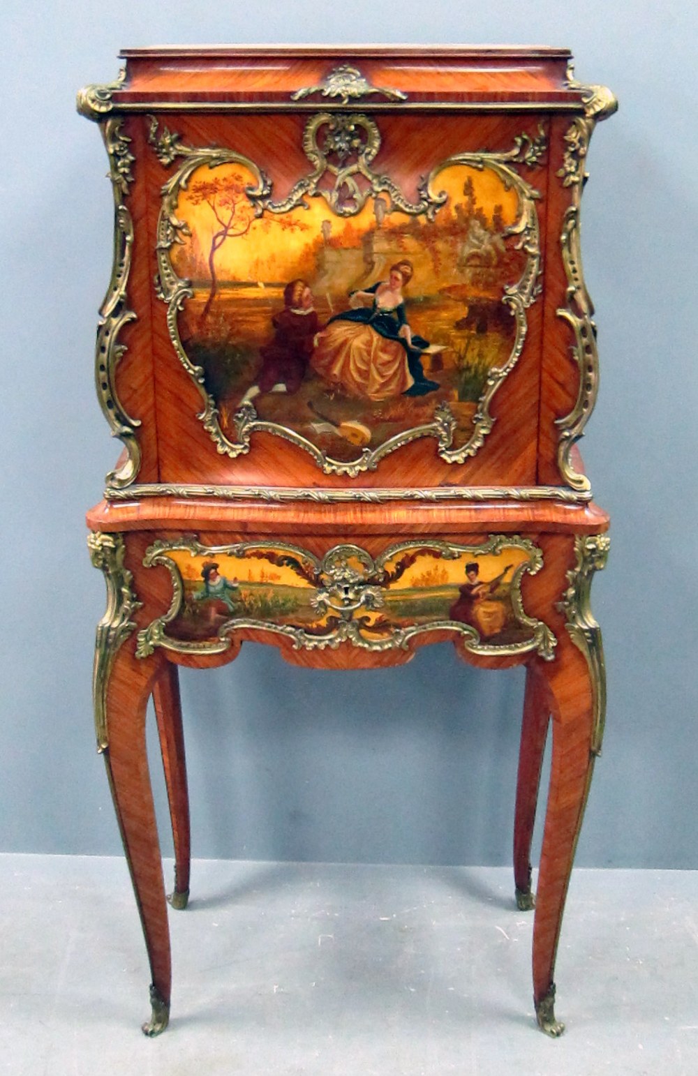 Late 19th century French king wood painted escritoire with gilt metal mounts front panel and drawers