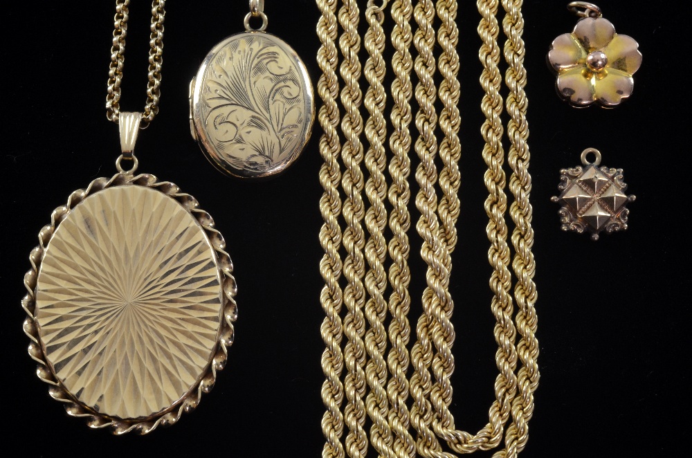 Three Victorian gold brooches , a pair of drop earrings , two lockets and a snake bracelet in gilt