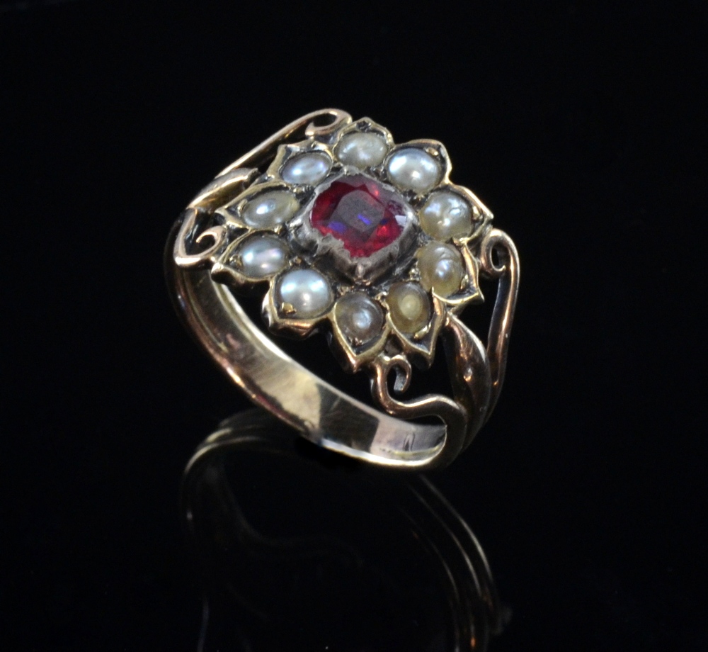 19th C gold ring set with pearl and ruby testing as 15 ct