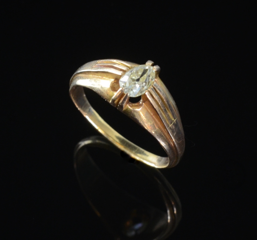 Gold ring set with brilliant cut pear form diamond, 1940s style diamond estimated at .5 ct , gold