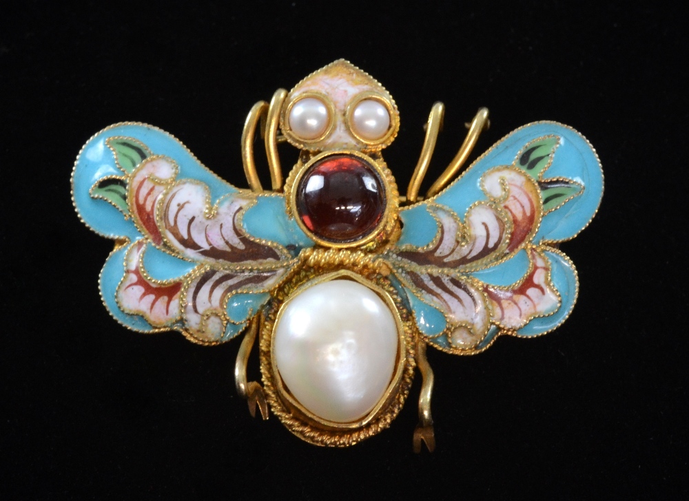 Chinese silver gilt enamel and pearl bug brooch