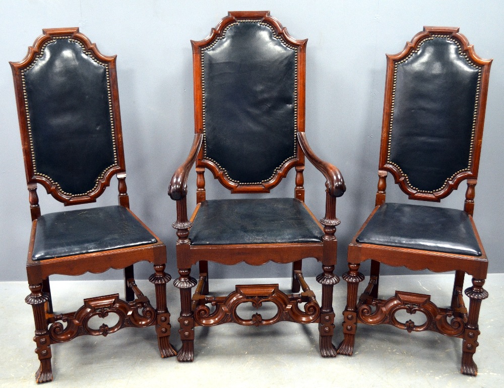 Set of six early 20th Century mahogany dining chairs with green leather slip in seats , front turned