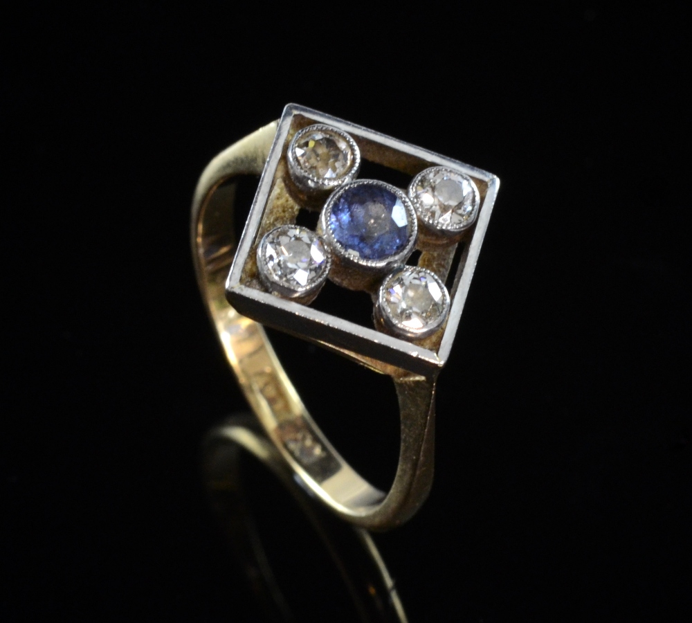 Sapphire and diamond ring milligrain set in platinum and gold Testing as white and 18ct yellow