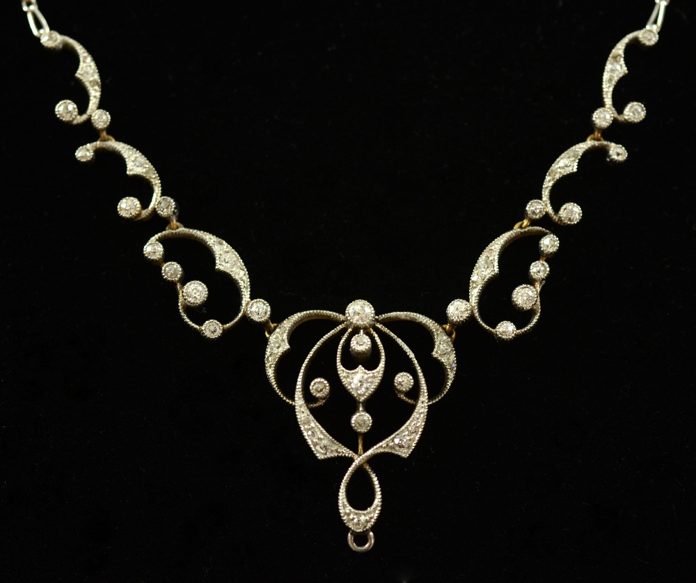 Edwardian pendant necklace millgrain set diamond in scroll forms diamond weight estimated at .6