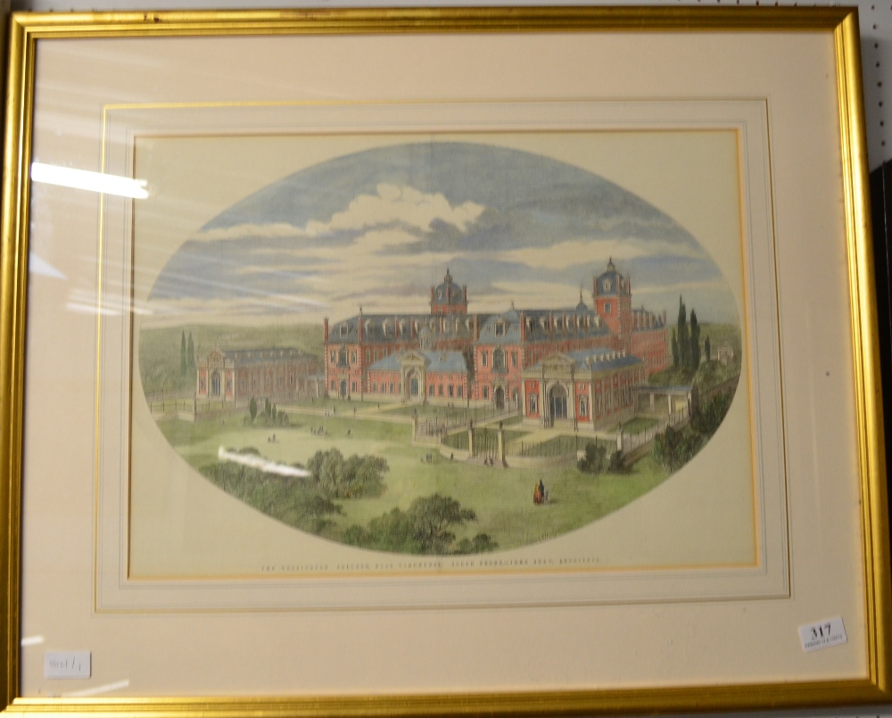 A print titled `The Wellington College near Sandhurst, South Front, John Shaw Architect`, framed