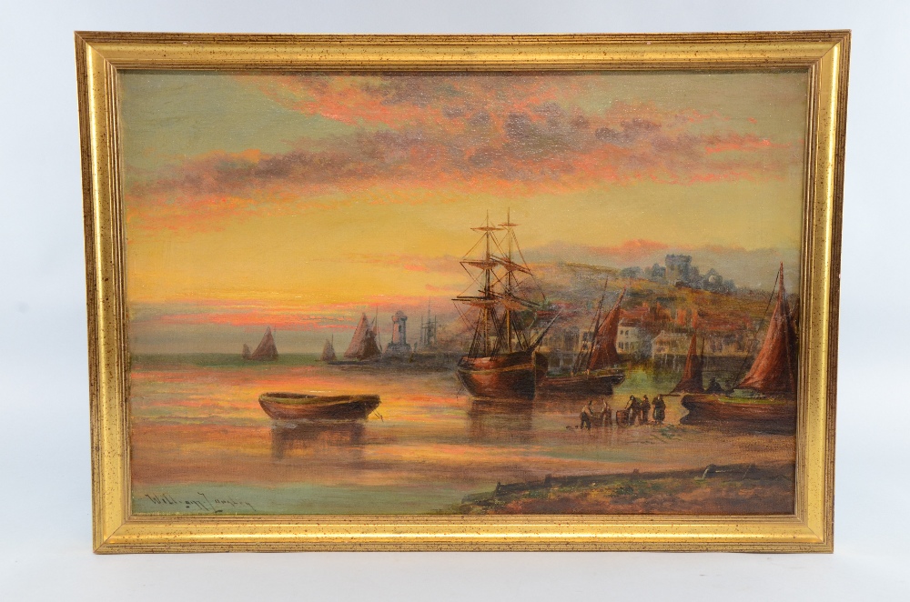 William Langley - coastal landscape with moored boats and figures, signed oil, on canvas 16 x