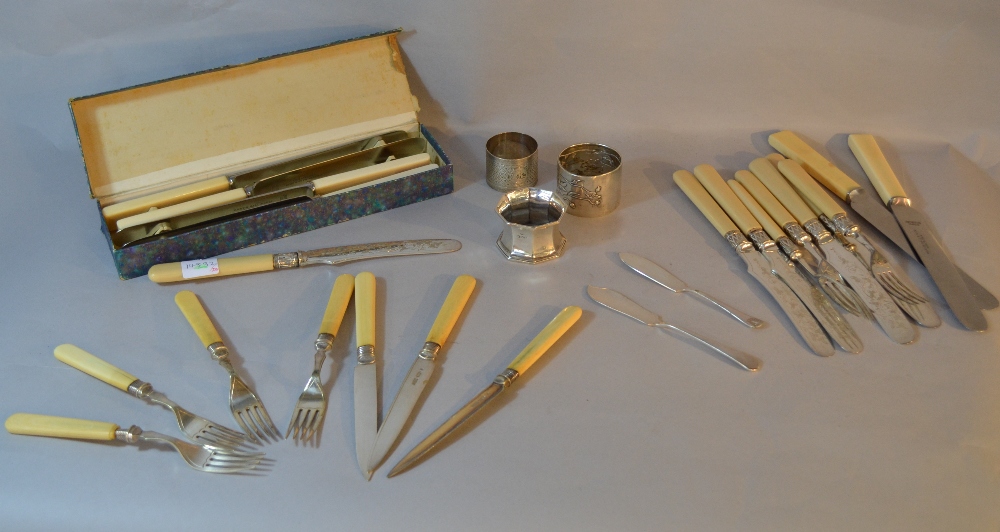 Small selection of silver plated wares, two silver napkin rings and two walking sticks etc.,